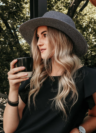 Arabella Wide Brim Fedora Sunhat: Black & White